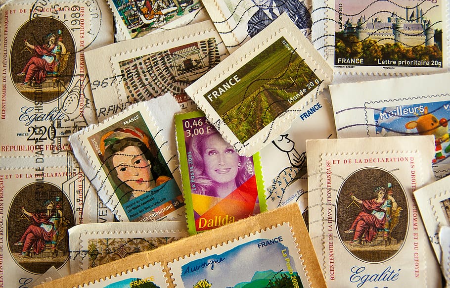 postage stamp collection, france, stamps, philately, mail, multi colored