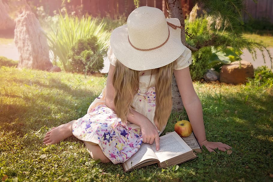 person, relaxation, apple, summer, book, break, child, cute, fun HD wallpaper