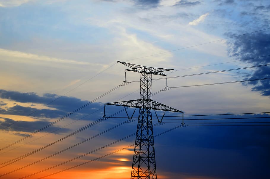 pylon, electricity, sky, sunset, post, energy, cables, colors HD wallpaper