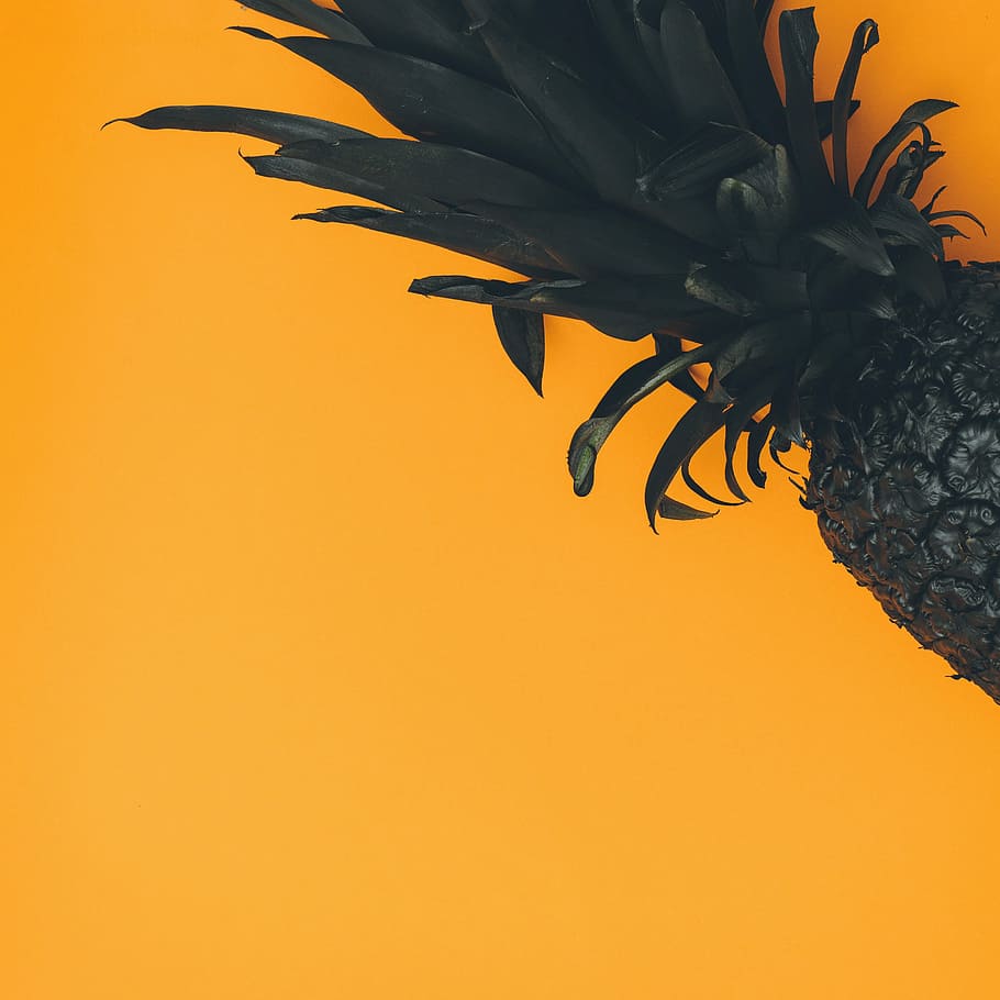 pineapple on orange background, black pineapple, painted pineapple, HD wallpaper