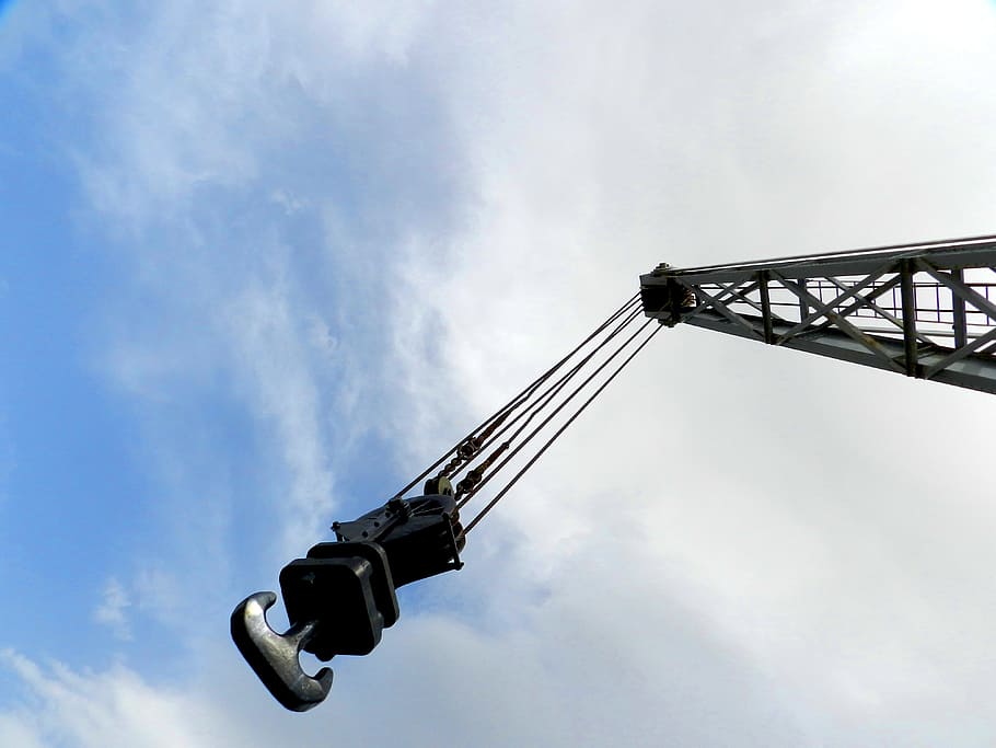 crane, perspective, sky, perspectives, pulley, hook, low angle view HD wallpaper