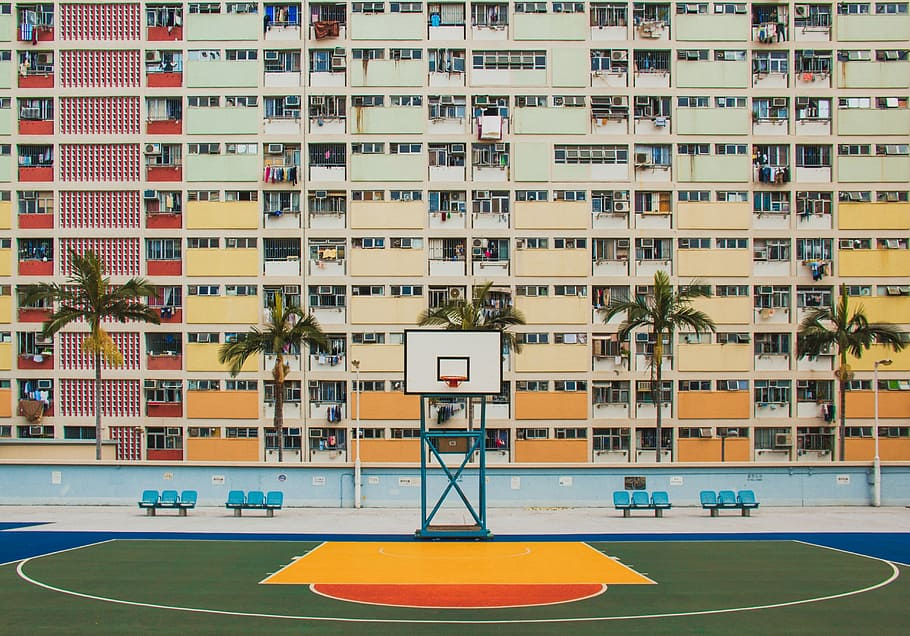 building with basketball court, white and blue portable basketball hoop and building illustration, HD wallpaper