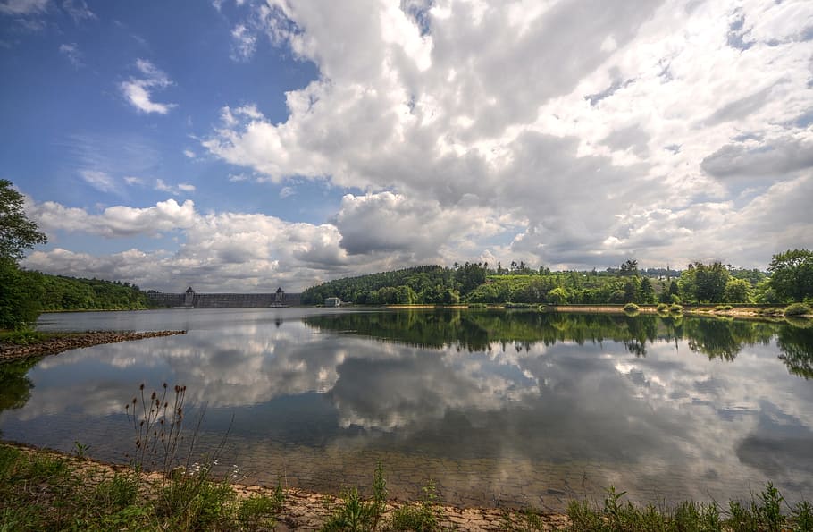 Lake, Clouds, Landscape, Water, sky, nature, möhnesee, dam HD wallpaper
