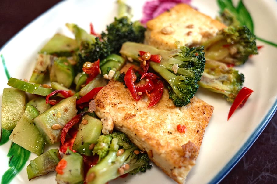 tofu with broccoli salad, vegetarian, korean food, cooking, side dish, HD wallpaper