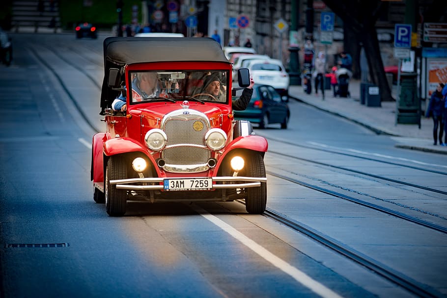auto, oldtimer, automotive, spotlight, old car, red, abendstimmung HD wallpaper