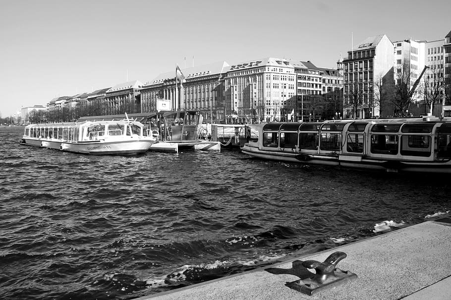 black and white photography, transport system, waters, alster, HD wallpaper