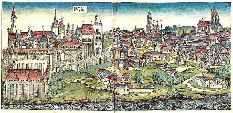 Budapest during the middle ages from the Nuremberg Chronicle in 1493 in Hungary HD wallpaper