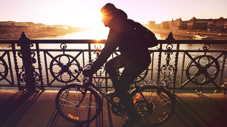 silhouette photo of person riding on bicycle, sunset, cycling HD wallpaper