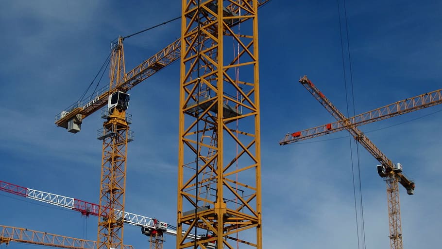 constructionsite, crane, yellow, engineering, structure, steel HD wallpaper