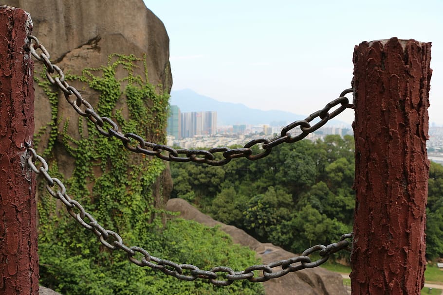 Chains, Railing, Stone, Pillars, the chains, stone pillars HD wallpaper