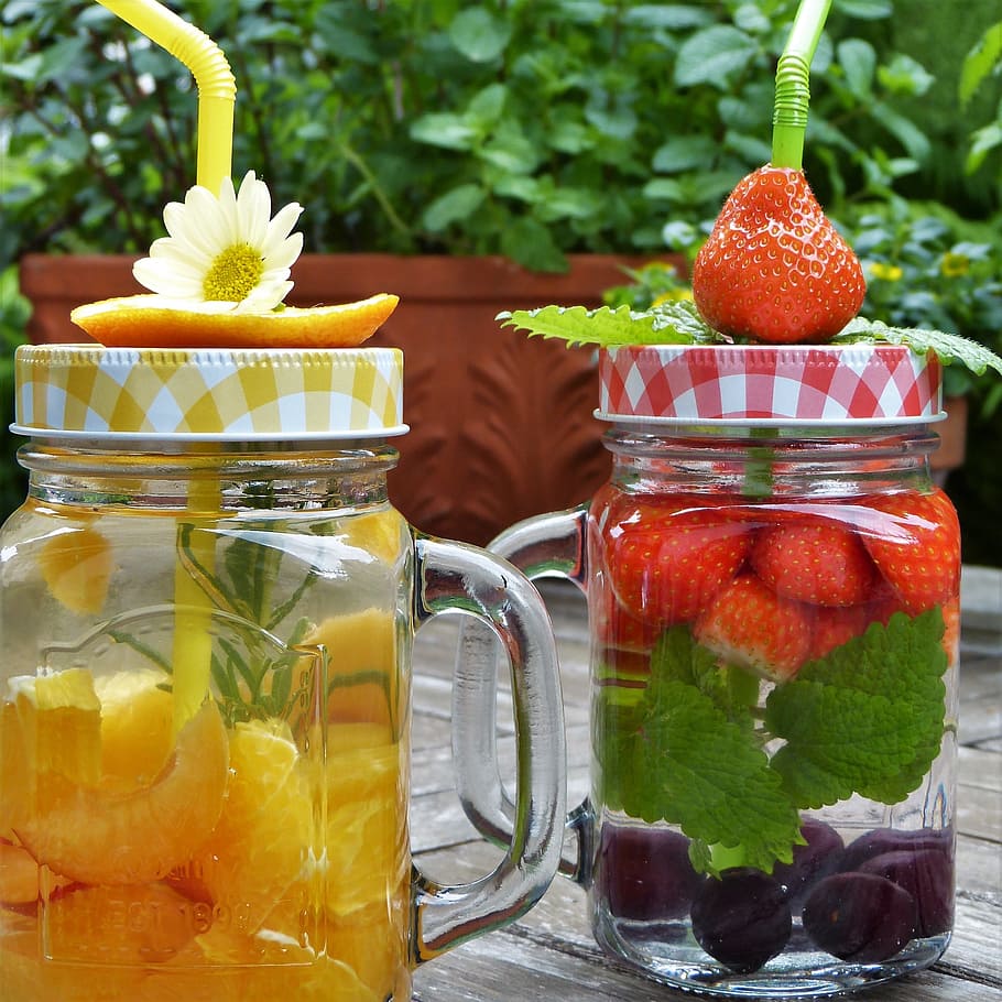 clear glass mugs, Glasses, Water, Fruit, fruits water, drink