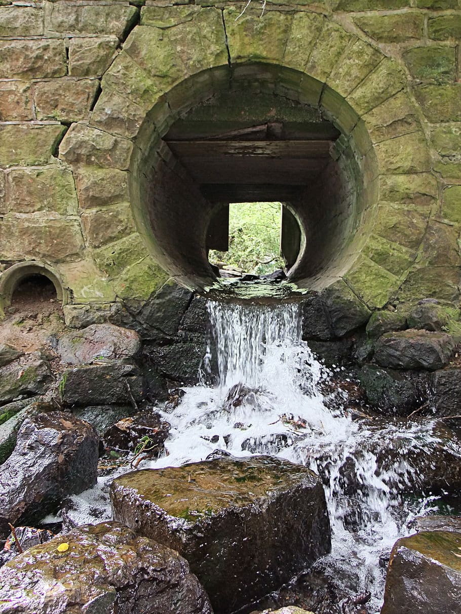 water flowing from concrete culvert, Tunnel, Stream, brook HD wallpaper
