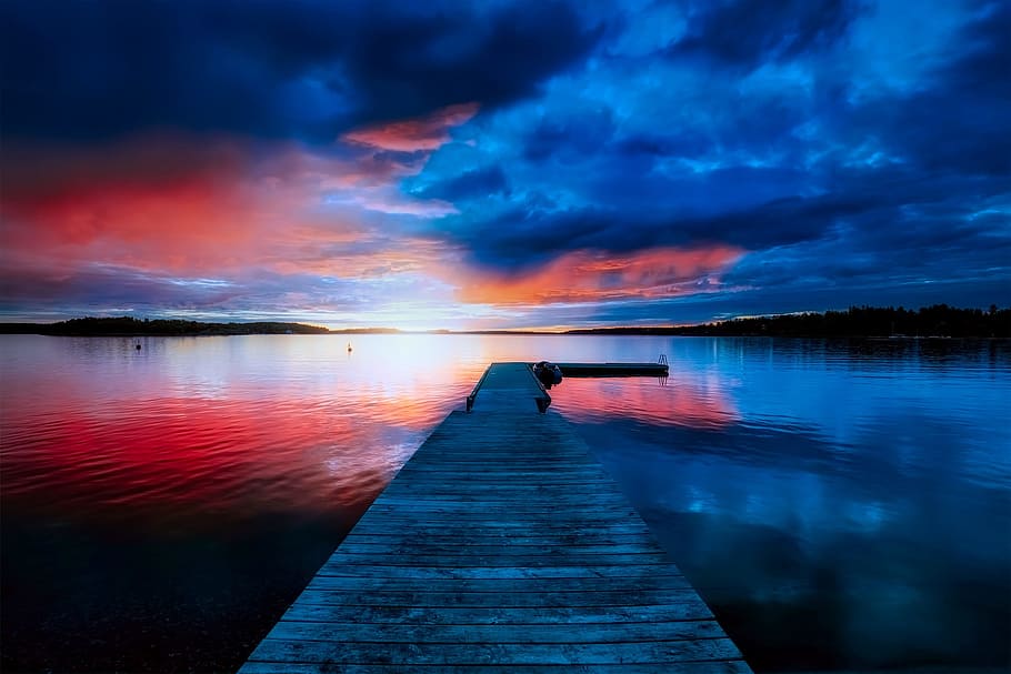 lake dock panorama photography, beach, sunset, sweden, dusk HD wallpaper