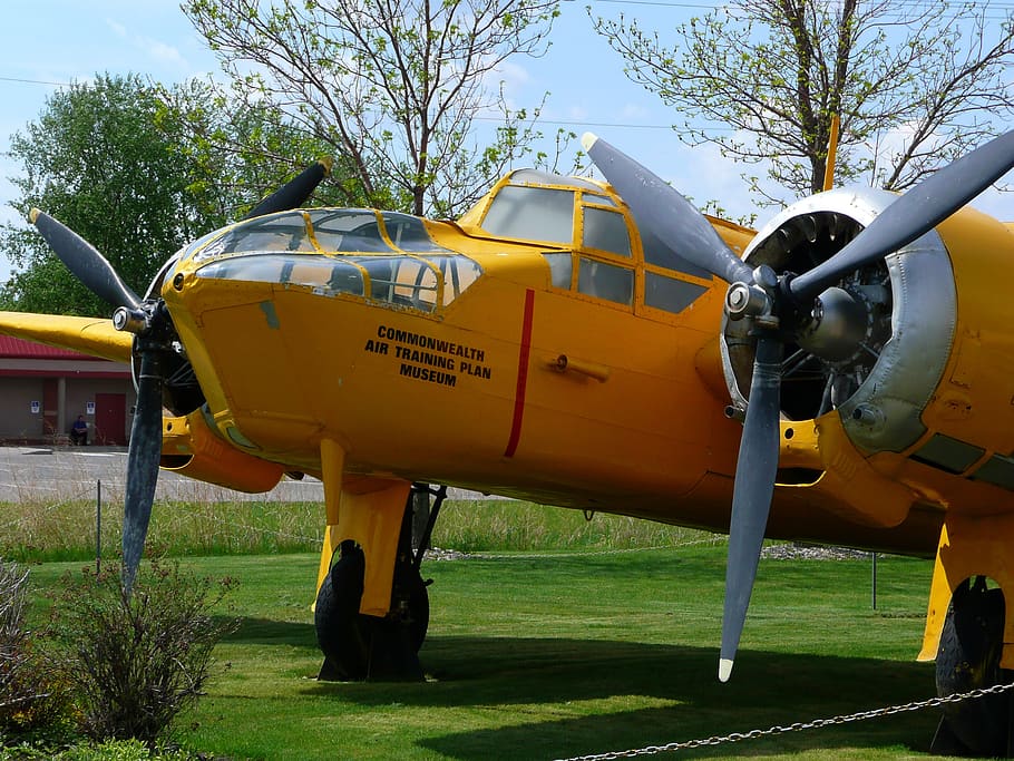 yellow, two engine, propeller plane, aviation, old, aircraft, HD wallpaper