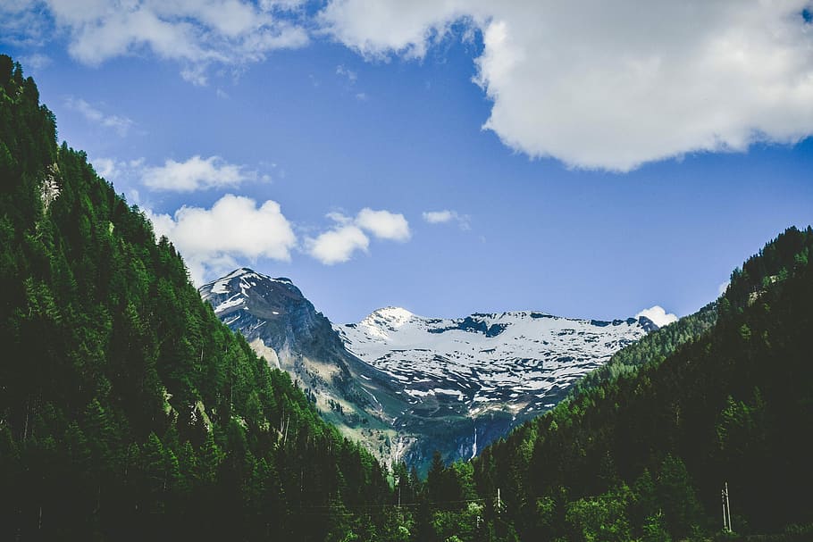 green mountain, mountain peak during daytime, cloud, tree, snow HD wallpaper
