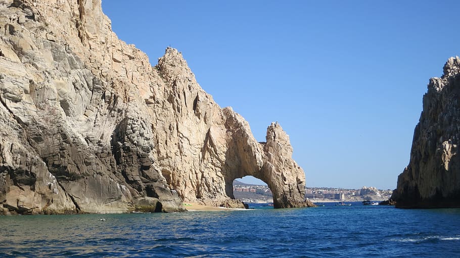 brown rocky mountain over body of water, El, Cabo San Lucas, Baja, HD wallpaper