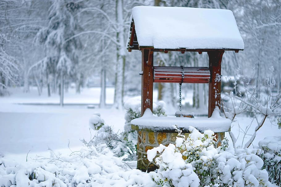 snow, winter, frost, cold, frozen, wells, former wells, pulley HD wallpaper