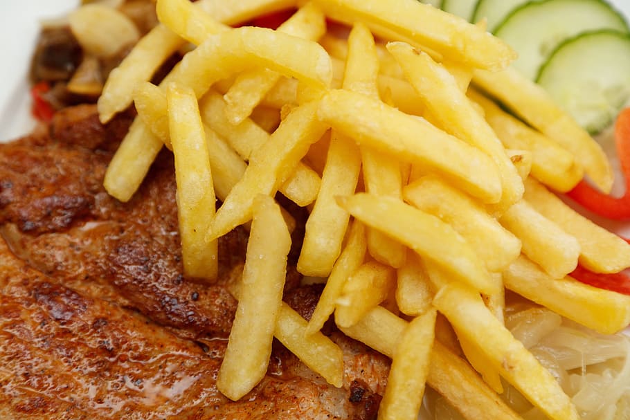 closeup photo of french fries, beef, chips, diet, dinner, dish