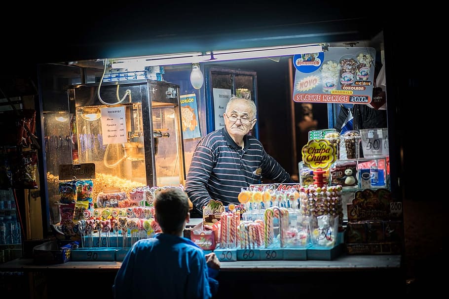 boy buying a candy photography, treat, market stand, sweets, belgrade, HD wallpaper