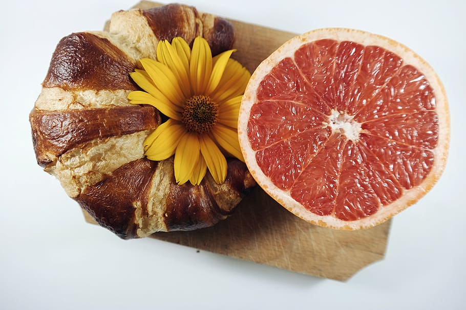bread, croissant, flora, flower, food, fruit, grapefruit, freshness HD wallpaper