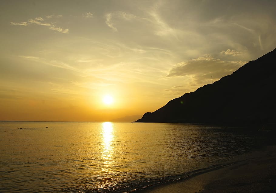 sea, twilight, sky, lying sun, water, sunset, beauty in nature HD wallpaper
