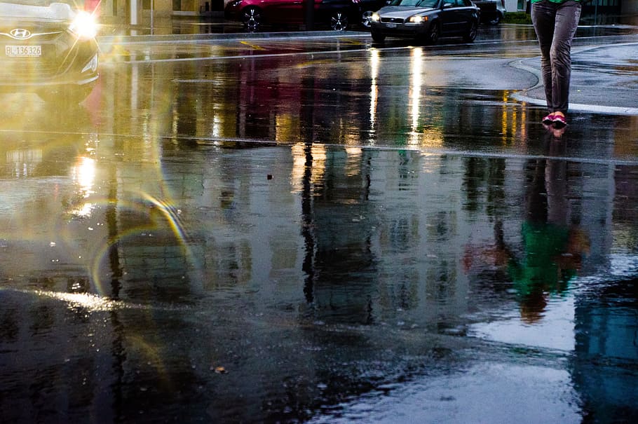 person walking along street, mirroring, road, water, rain, auto HD wallpaper
