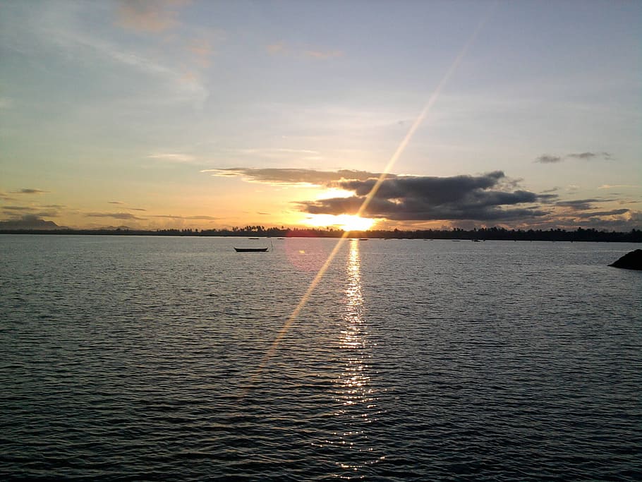 Sunset, Nature, Sea, Boat, Dawn, silent, calm, water, scenics HD wallpaper
