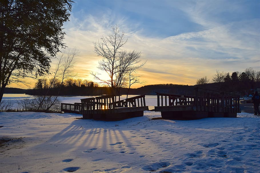 Sunset, Winter, Tree, Lake, Shadows, Sky, nature, landscape HD wallpaper