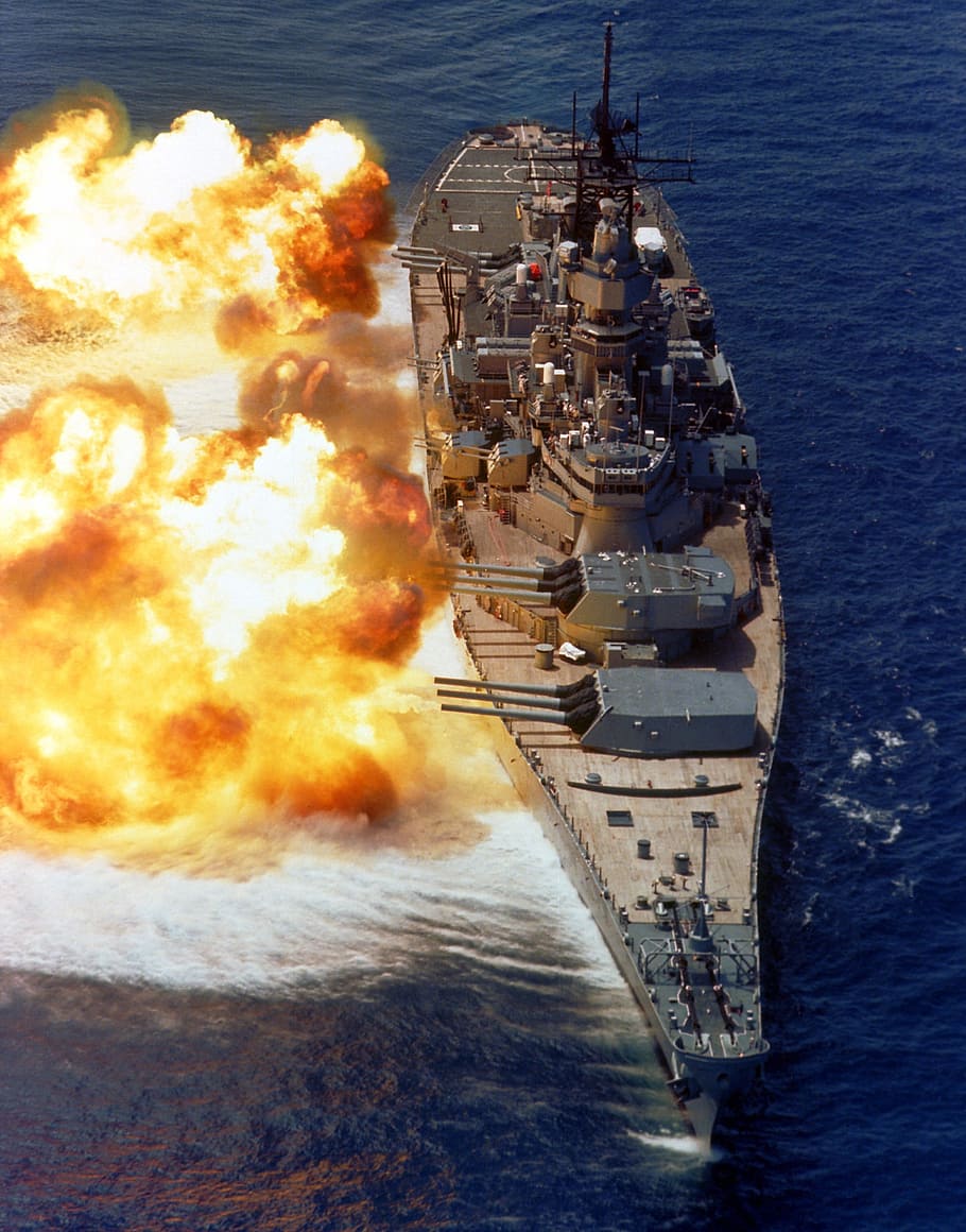 HD wallpaper: battleship on body of water, us navy, broadside, firing, guns  | Wallpaper Flare