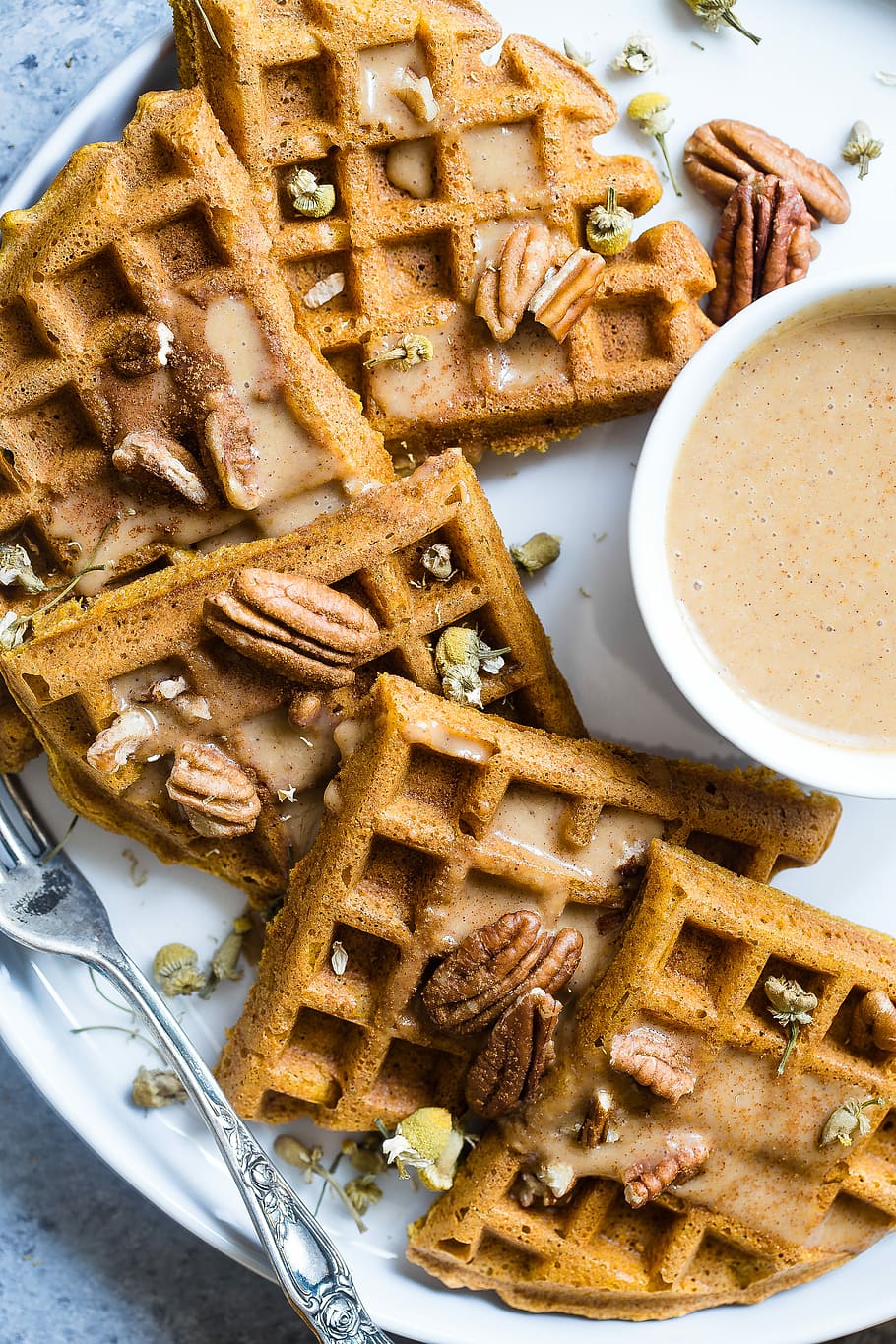 waffle with cream on white ceramic plate, waffle with cup of coffee on plates HD wallpaper