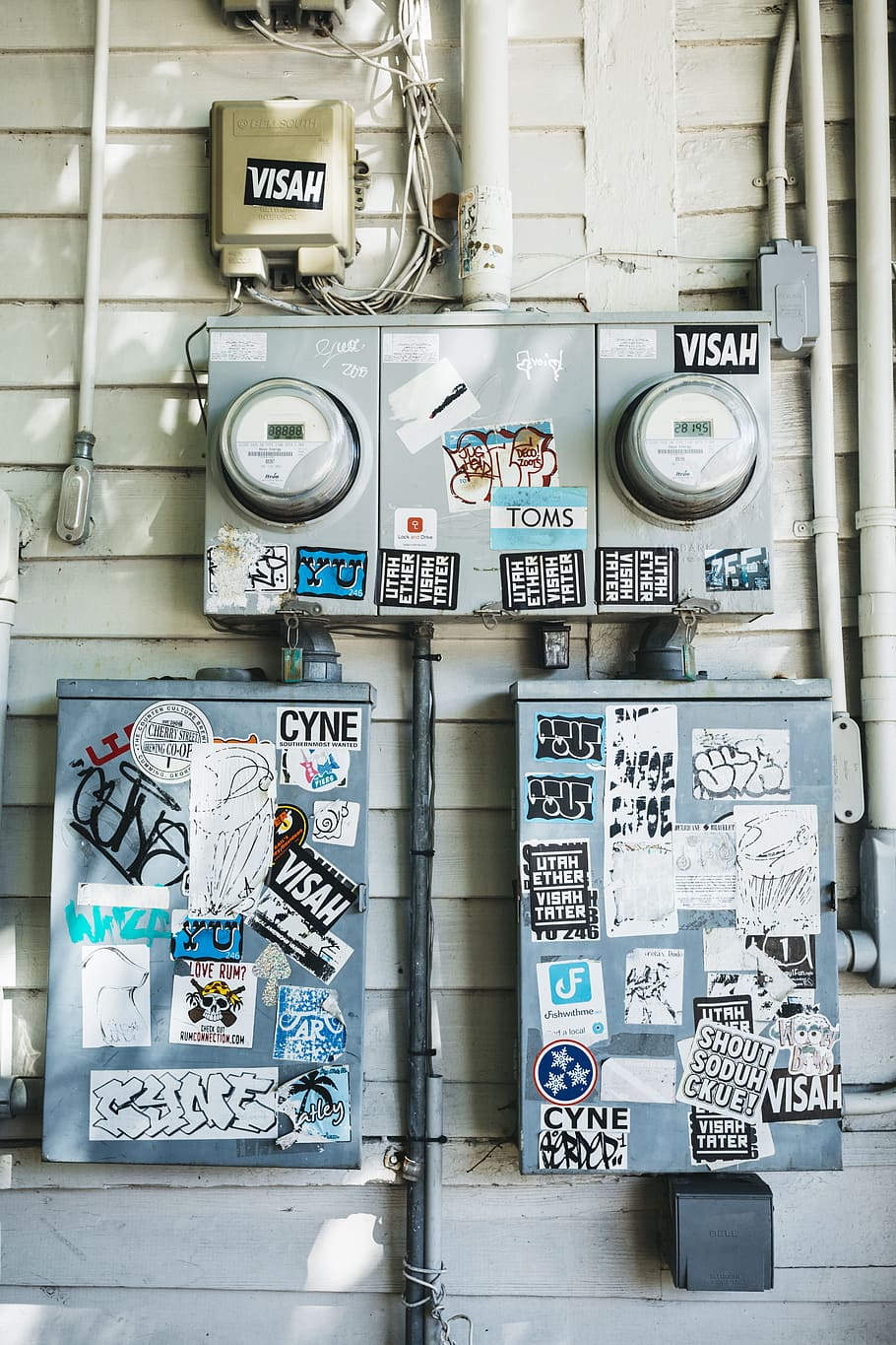 three gray junction boxes, gray electric meters, robot, sign HD wallpaper