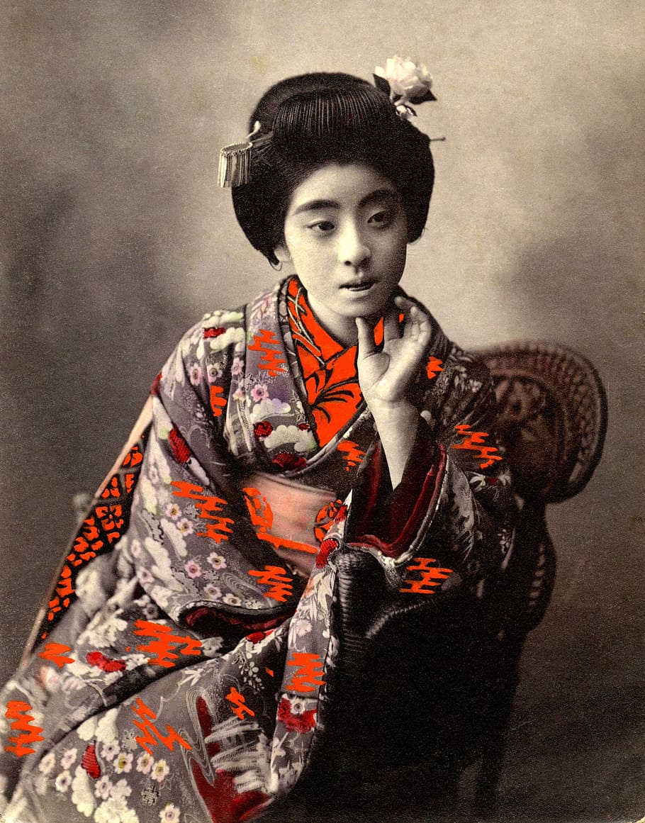 geisha sitting on brown rattan armchair, retro, vintage, japanese