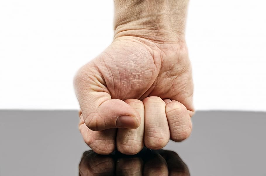 person's right fist on black surface, human, table, punch, hand, HD wallpaper