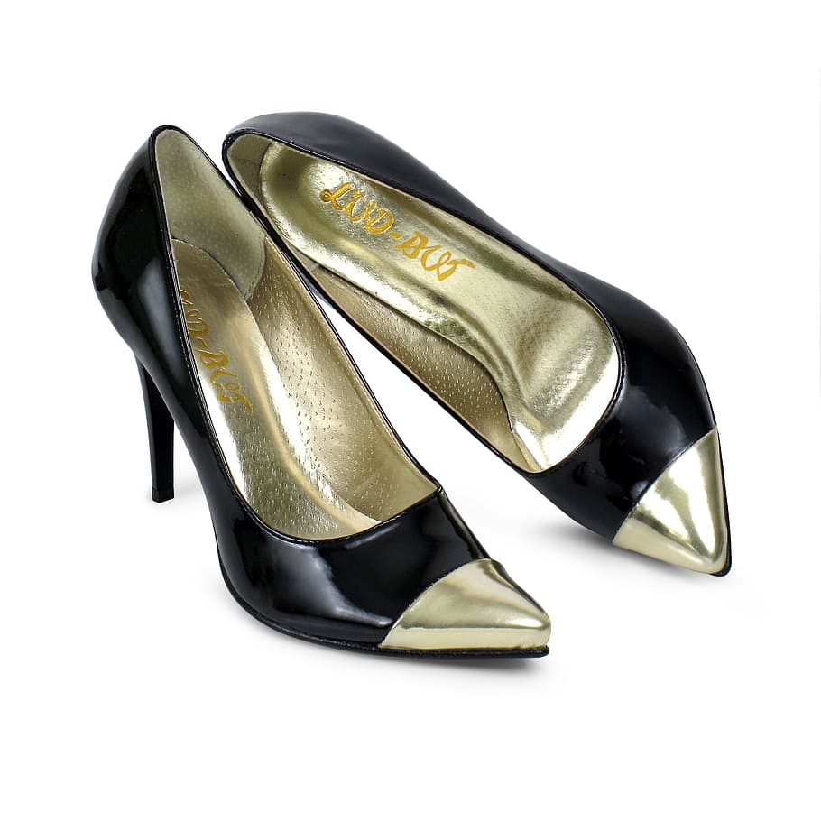 pair of black-and-gold leather pointed-toe stiletto shoes, colored