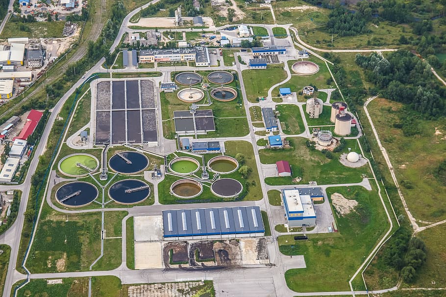 aerial view of pools b, treatment plant wastewater, refinery, HD wallpaper