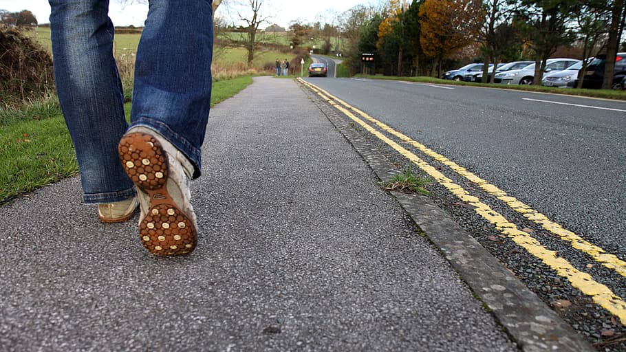 person in blue jeans walking on street during daytime, shoes, HD wallpaper