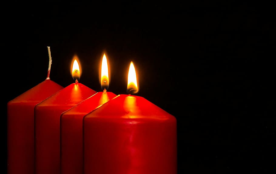 four red candles with lights, advent, 3 advent, advent candles, HD wallpaper