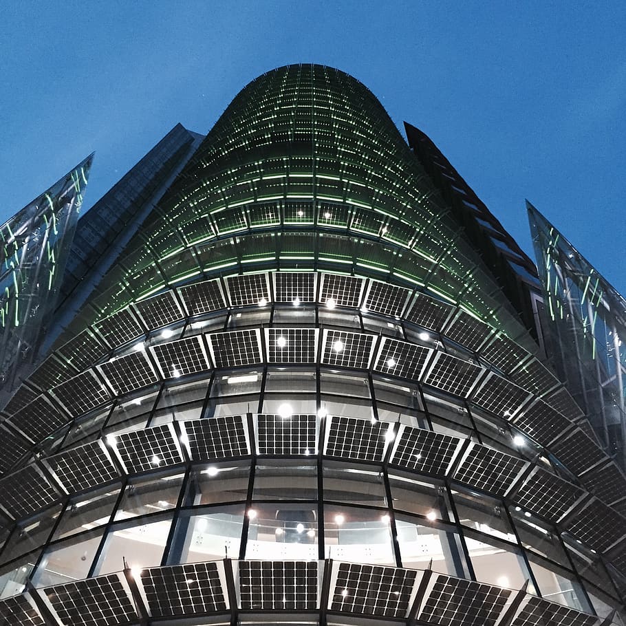 building, offices, night, blue, work, light, glass, city, skyscraper HD wallpaper