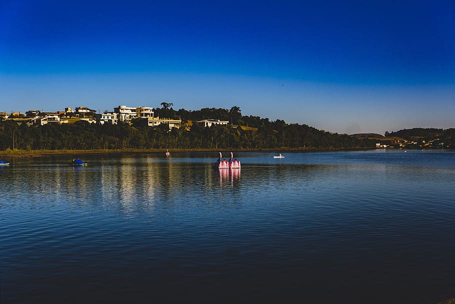 lake, landscape, paddle boat, water, sky, architecture, building exterior HD wallpaper