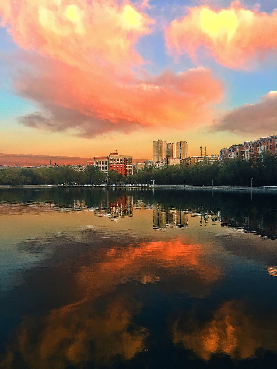 sky, burning clouds, lake, cloud - sky, reflection, sunset HD wallpaper