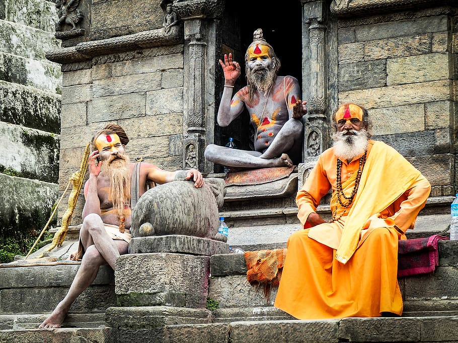 three monks sitting on concrete temple during daytime, three person sitting on temple HD wallpaper