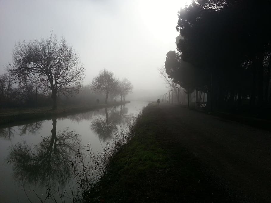 fog, landscape, winter, channel, reflection, field, darkness HD wallpaper