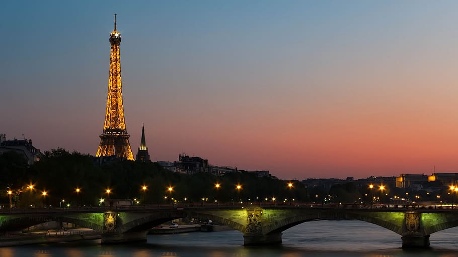 photo of lighted city of Paris, sunset, bridge, twilight, lights HD wallpaper