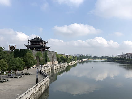 blue sky, white cloud, under, suzhou, water, built structure HD wallpaper