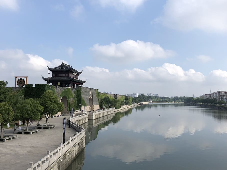 blue sky, white cloud, under, suzhou, water, built structure HD wallpaper