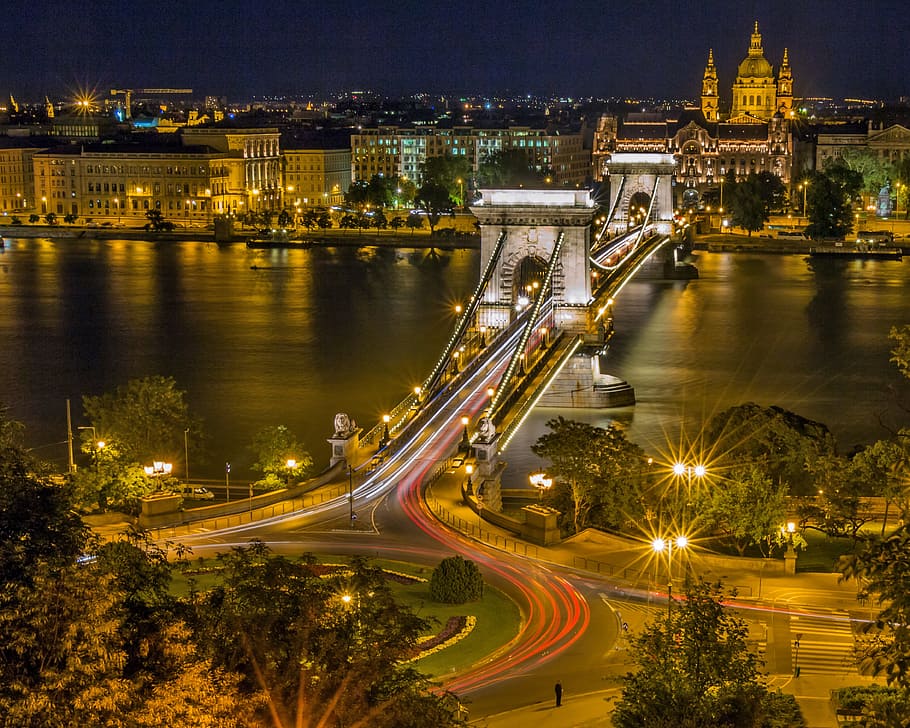 aerial photo of bridge during nighttime, chain bridge, budapest, HD wallpaper