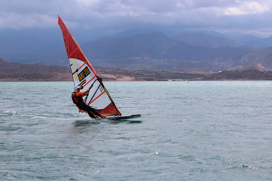 windsurfing, slalom, mendoza, argentine, mountain, sea, water, HD wallpaper