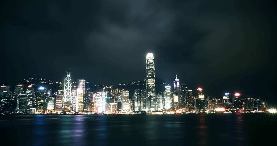 lighted city at night, architecture, building, infrastructure HD wallpaper