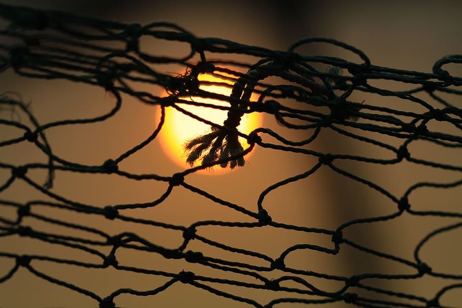 sunset, fishing nets, no people, close-up, silhouette, selective focus HD wallpaper