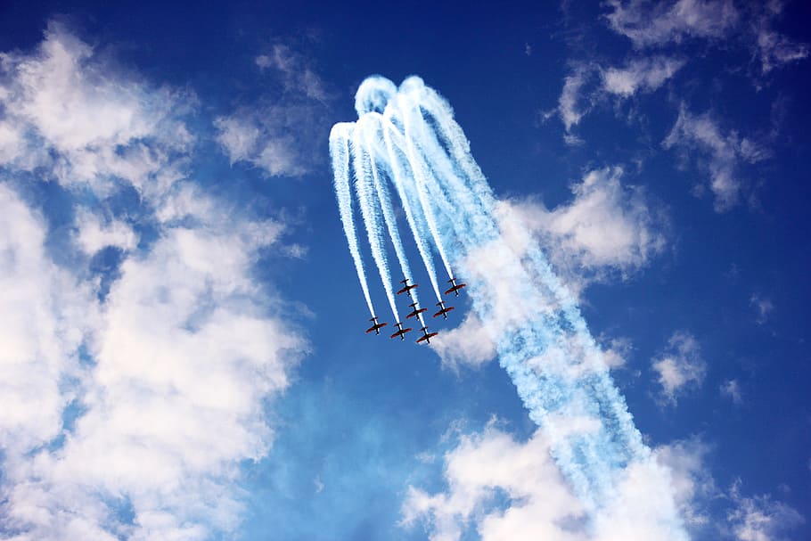 planes, sky, blue, smoke, squadron, fighter squadron of the smoke HD wallpaper